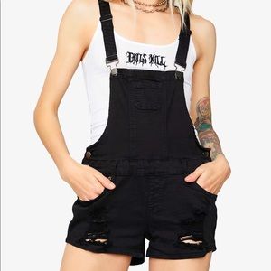 Dolls Kill Black Denim Distressed Overall Shorts